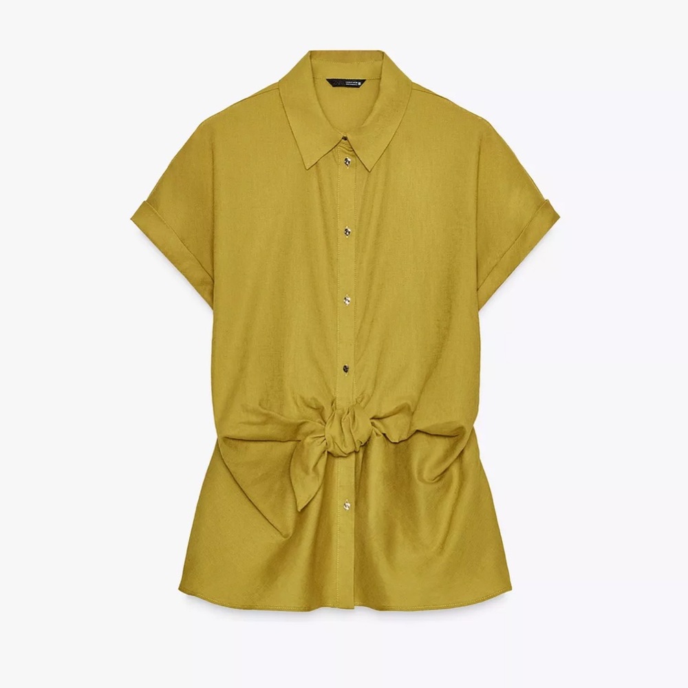 NWT: Zara Mustard colour Women's Tie-Front Shirt in Linen Sz: XL